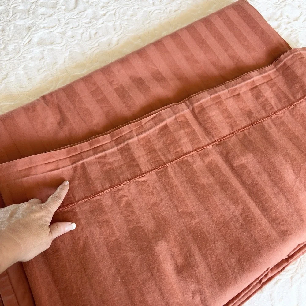 The Company Store King Flat Sheet Supima Cotton Terra-Cotta Rust Stripe Sateen